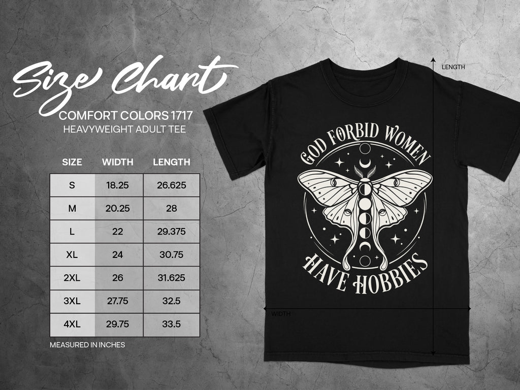 Black t-shirt size chart for Comfort Colors 1717 heavyweight adult tee.