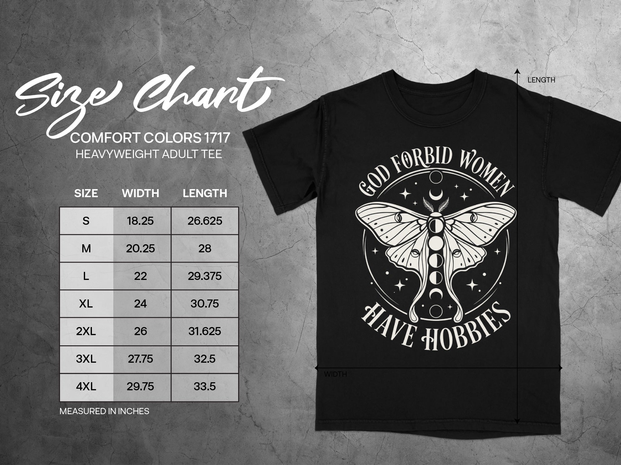 Black t-shirt size chart for Comfort Colors 1717 heavyweight adult tee.