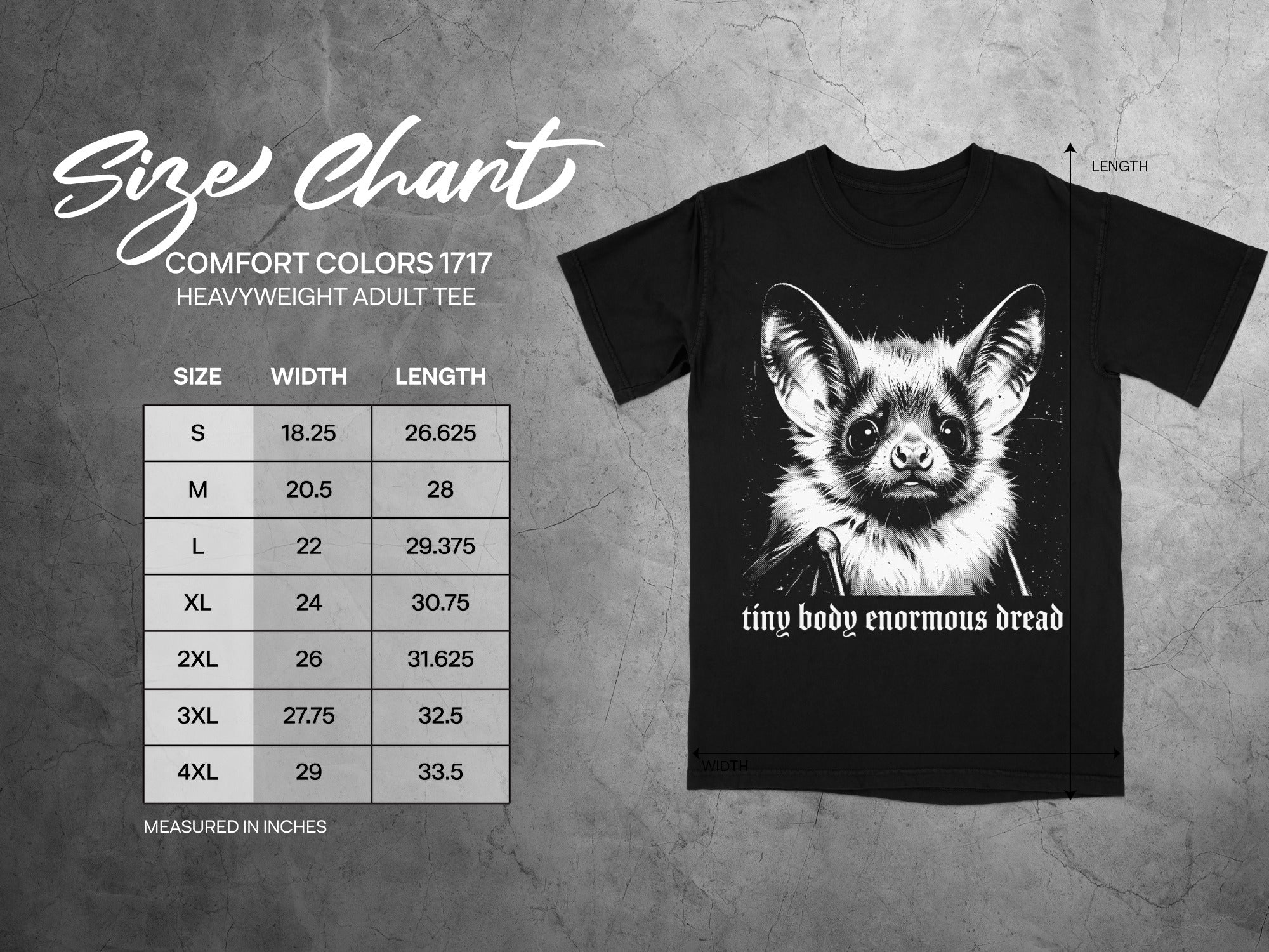 Black t-shirt size chart for Comfort Colors 1717 heavyweight adult tee.