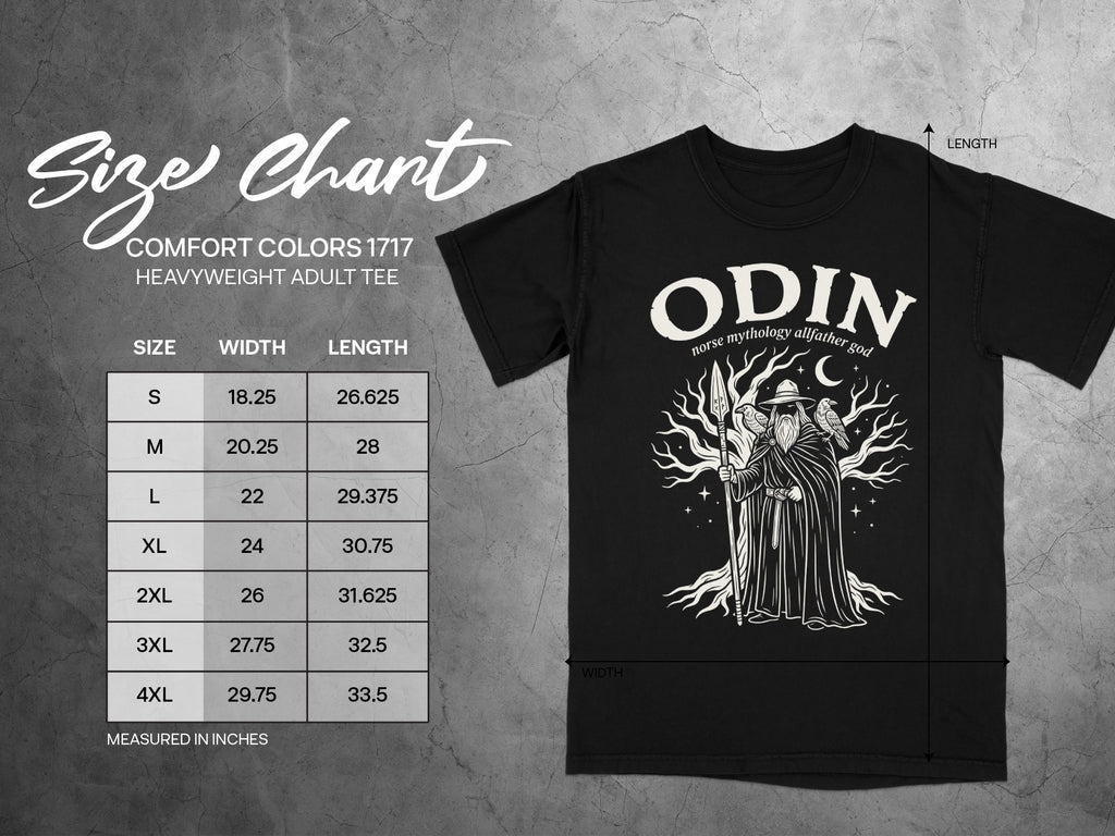 Comfort Colors 1717 size chart with Odin graphic on black t-shirt.