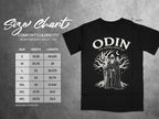 Comfort Colors 1717 size chart with Odin graphic on black t-shirt.