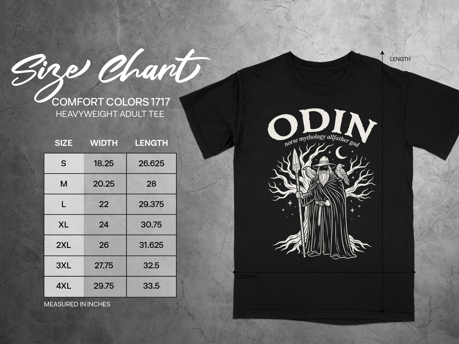 Comfort Colors 1717 size chart with Odin graphic on black t-shirt.