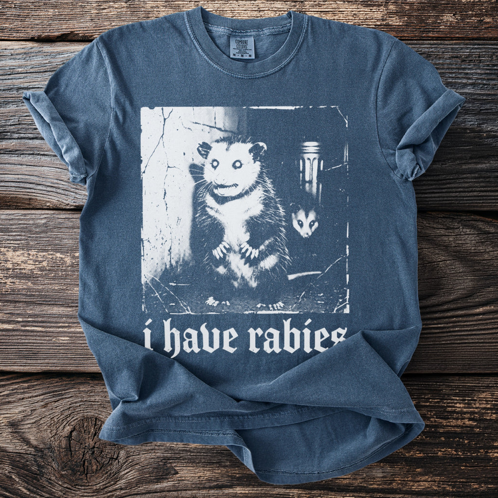 Blue t-shirt with a distressed graphic of an opossum and the text "i have rabies".