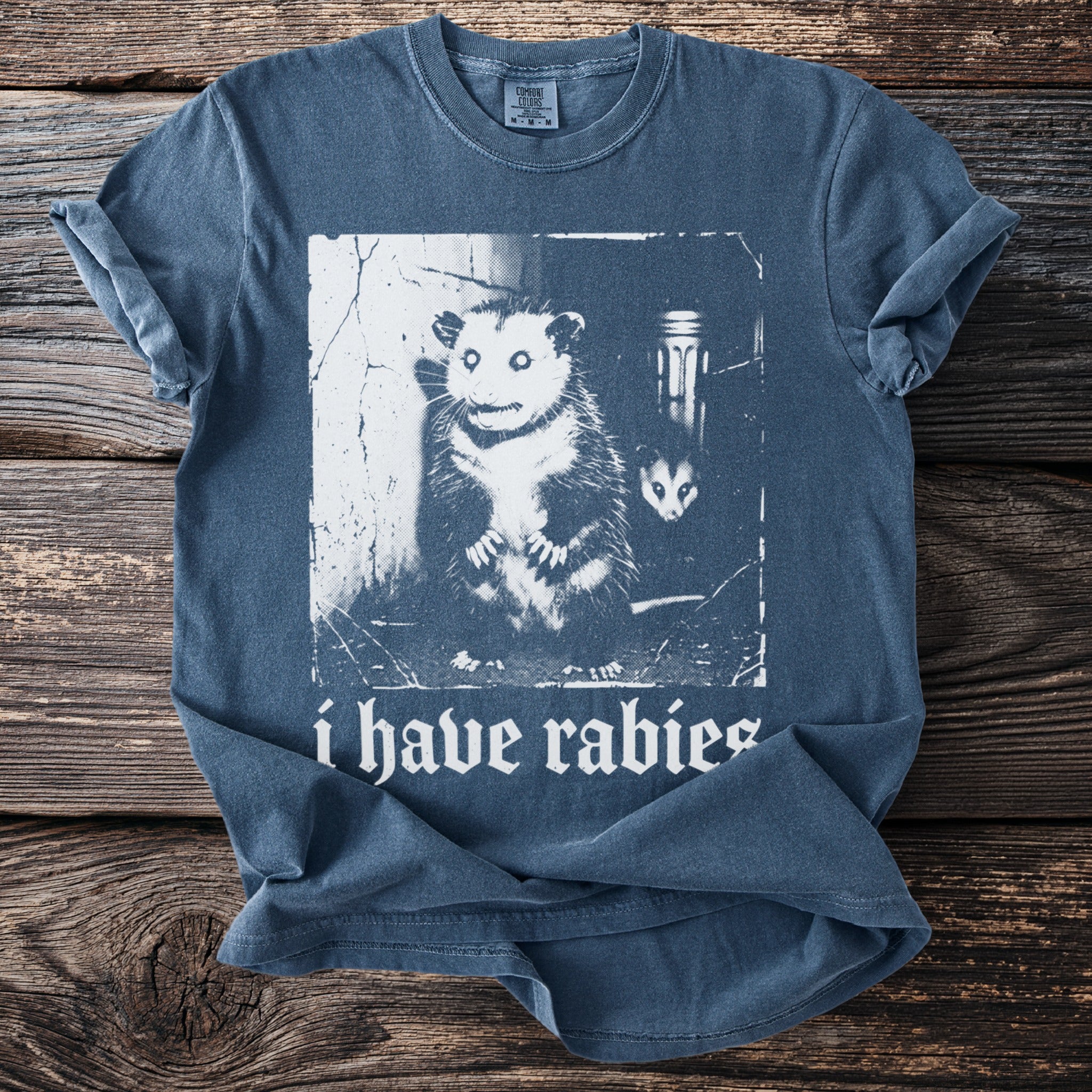 Blue t-shirt with a distressed graphic of an opossum and the text "i have rabies".