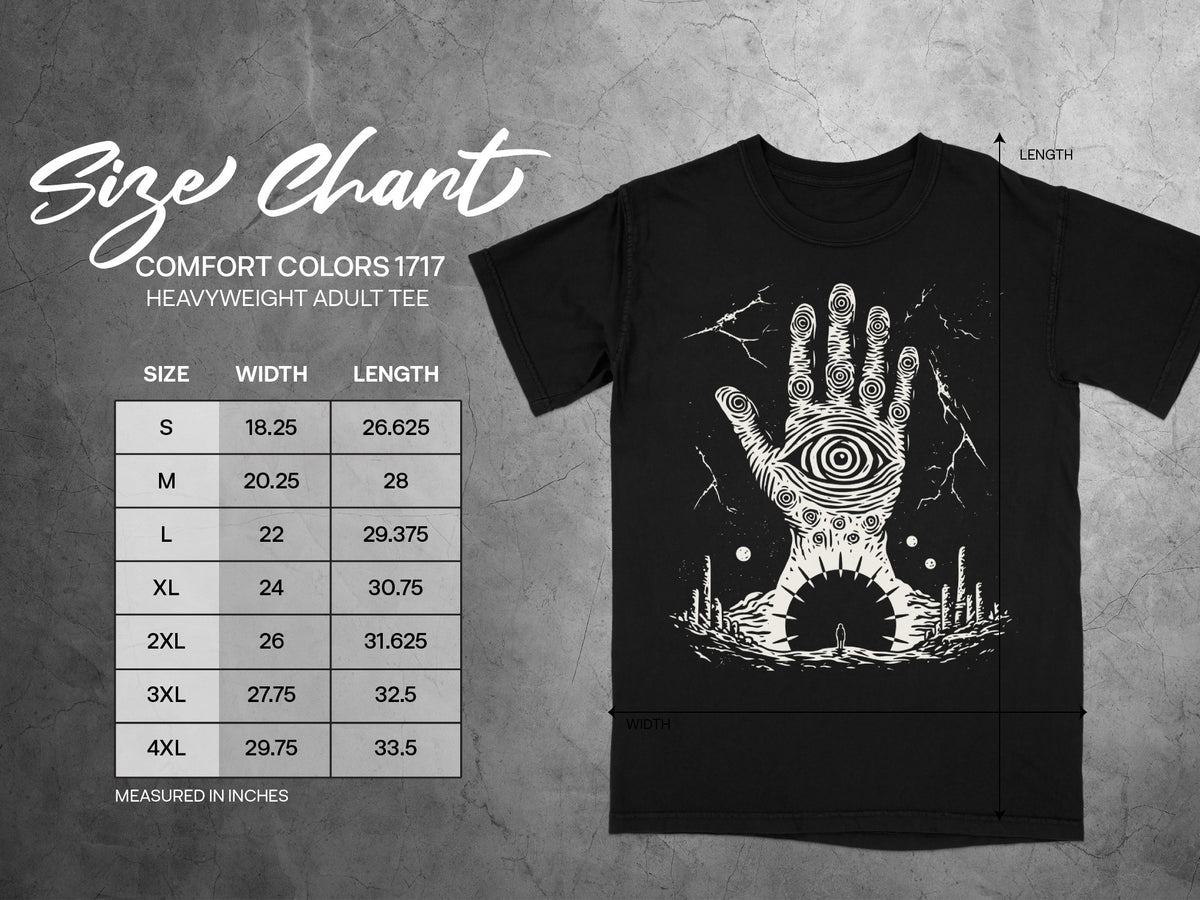 Comfort Colors 1717 heavyweight adult tee size chart with width and length measurements.