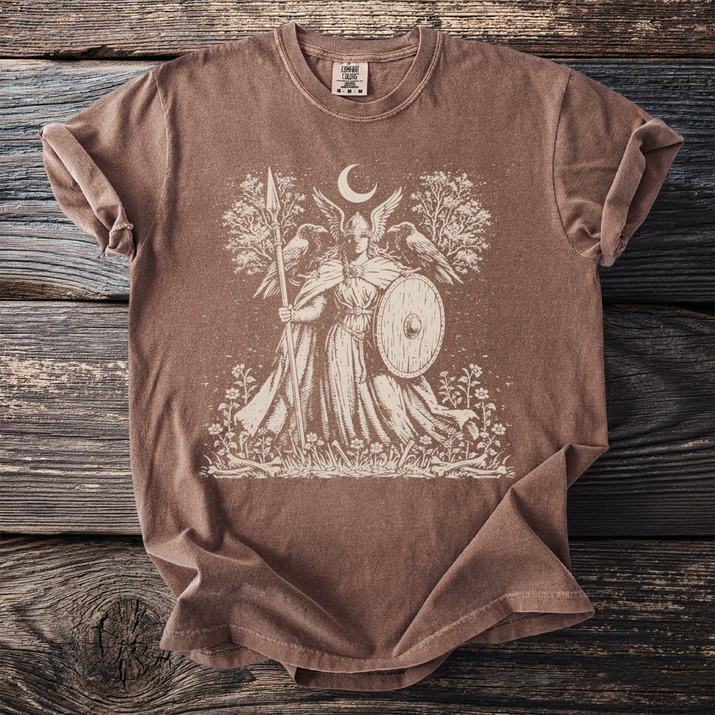 Brown t-shirt with a cream-colored graphic of a winged warrior holding a spear and shield.