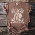 Brown t-shirt with a cream-colored graphic of a winged warrior holding a spear and shield.