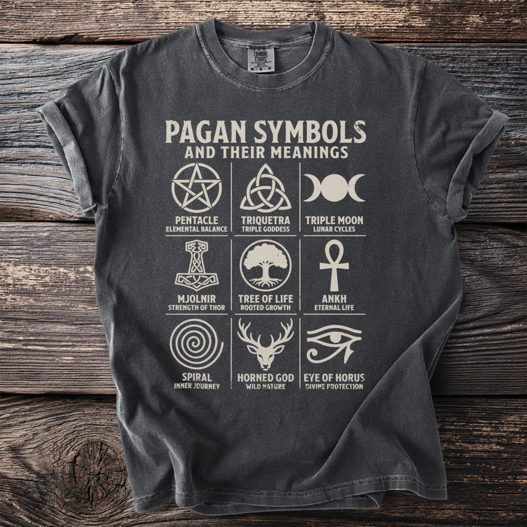 T-shirt with "Pagan Symbols and Their Meanings" title and nine illustrative symbols.