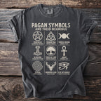 T-shirt with "Pagan Symbols and Their Meanings" title and nine illustrative symbols.