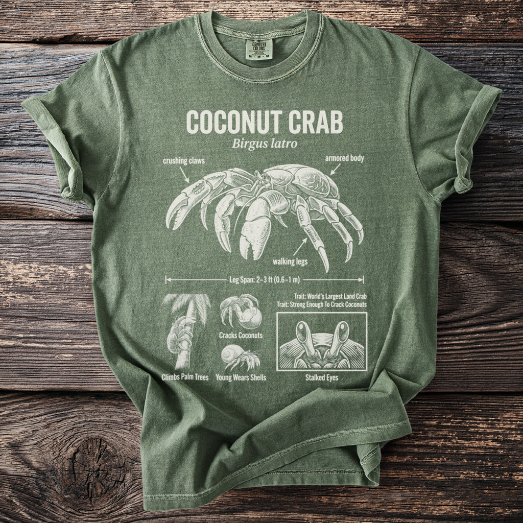 Green t-shirt with coconut crab diagram, showing anatomy labeled: crushing claws, armored body, and walking legs.