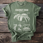 Green t-shirt with coconut crab diagram, showing anatomy labeled: crushing claws, armored body, and walking legs.