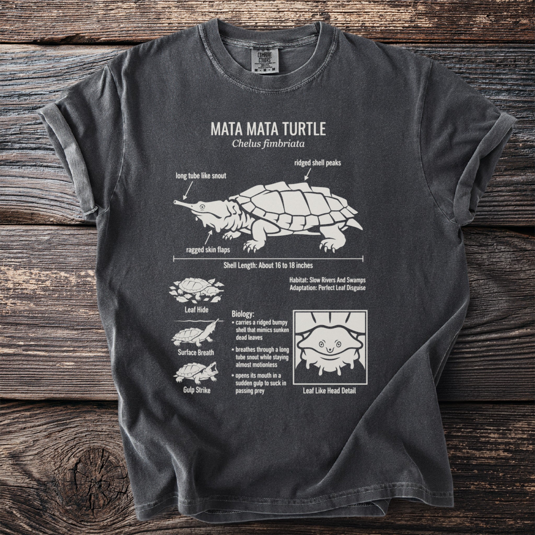 Mata Mata Turtle t-shirt with detailed illustration and biological information.