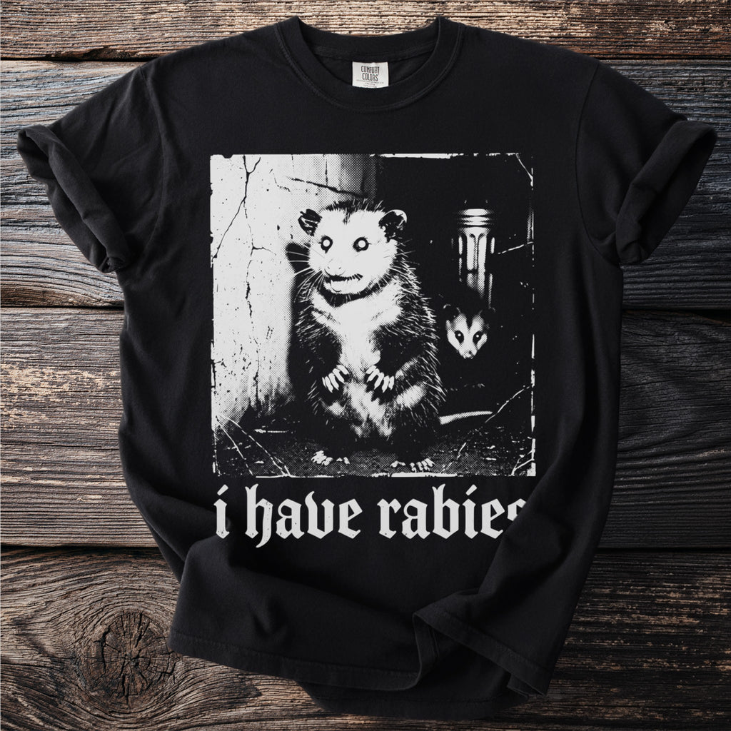 Black t-shirt with graphic of two possums and text "i have rabies".