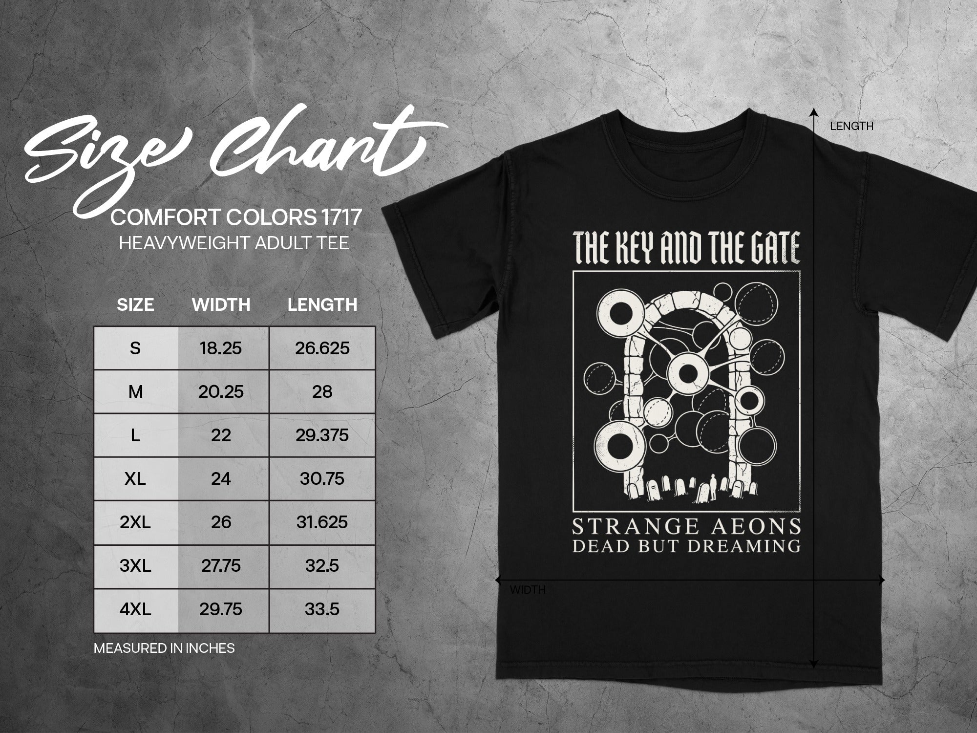 Black t-shirt with "The Key and The Gate" graphic and size chart.