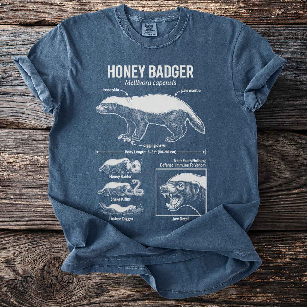 Blue t-shirt with white line drawings and text about the honey badger.