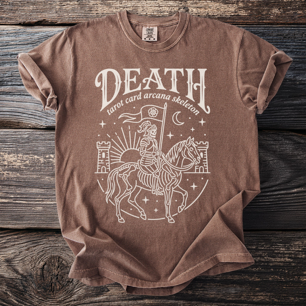 Brown t-shirt with "DEATH tarot card arcana skeleton" text and skeleton knight graphic.