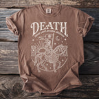 Brown t-shirt with "DEATH tarot card arcana skeleton" text and skeleton knight graphic.
