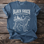Blue t-shirt with white "Black Shuck english ghostly hound folklore" design.