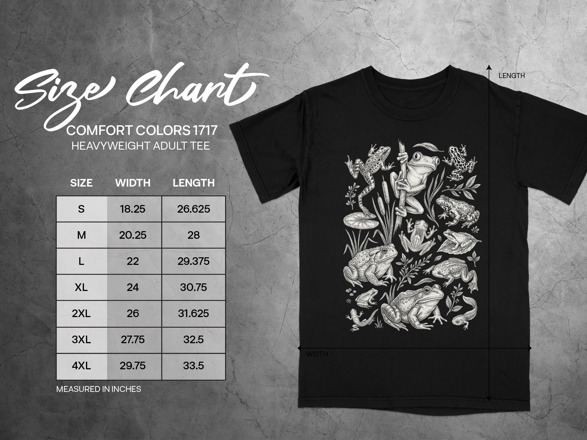 Size chart for Comfort Colors 1717 heavyweight adult tee with frog graphic.