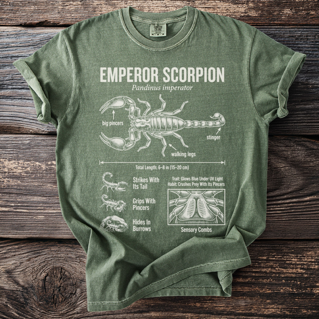 Emperor Scorpion Pandinus imperator graphic with anatomical details and descriptive text.