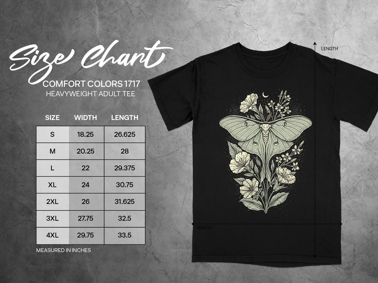 Size chart for Comfort Colors 1717 heavyweight adult tee with width and length measurements.