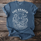 The Kraken deep sea monster legend design on a blue t-shirt.