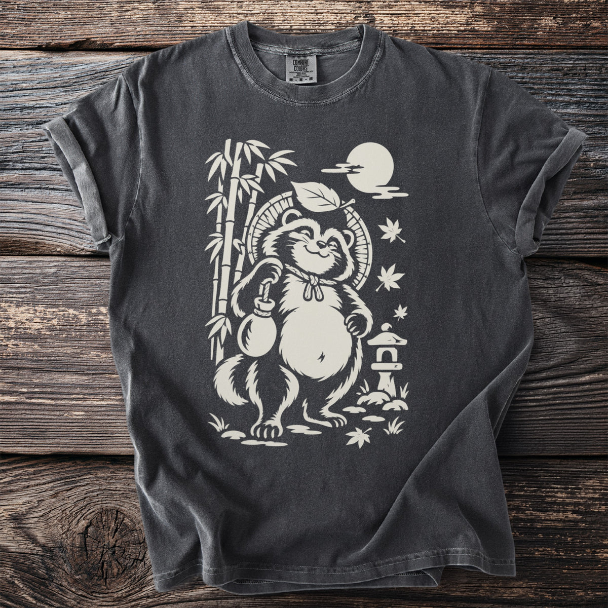Tanuki with sake bag and bamboo, under a full moon and Japanese lantern.