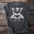 Dark grey t-shirt with white graphic of a winged warrior making a heart shape.