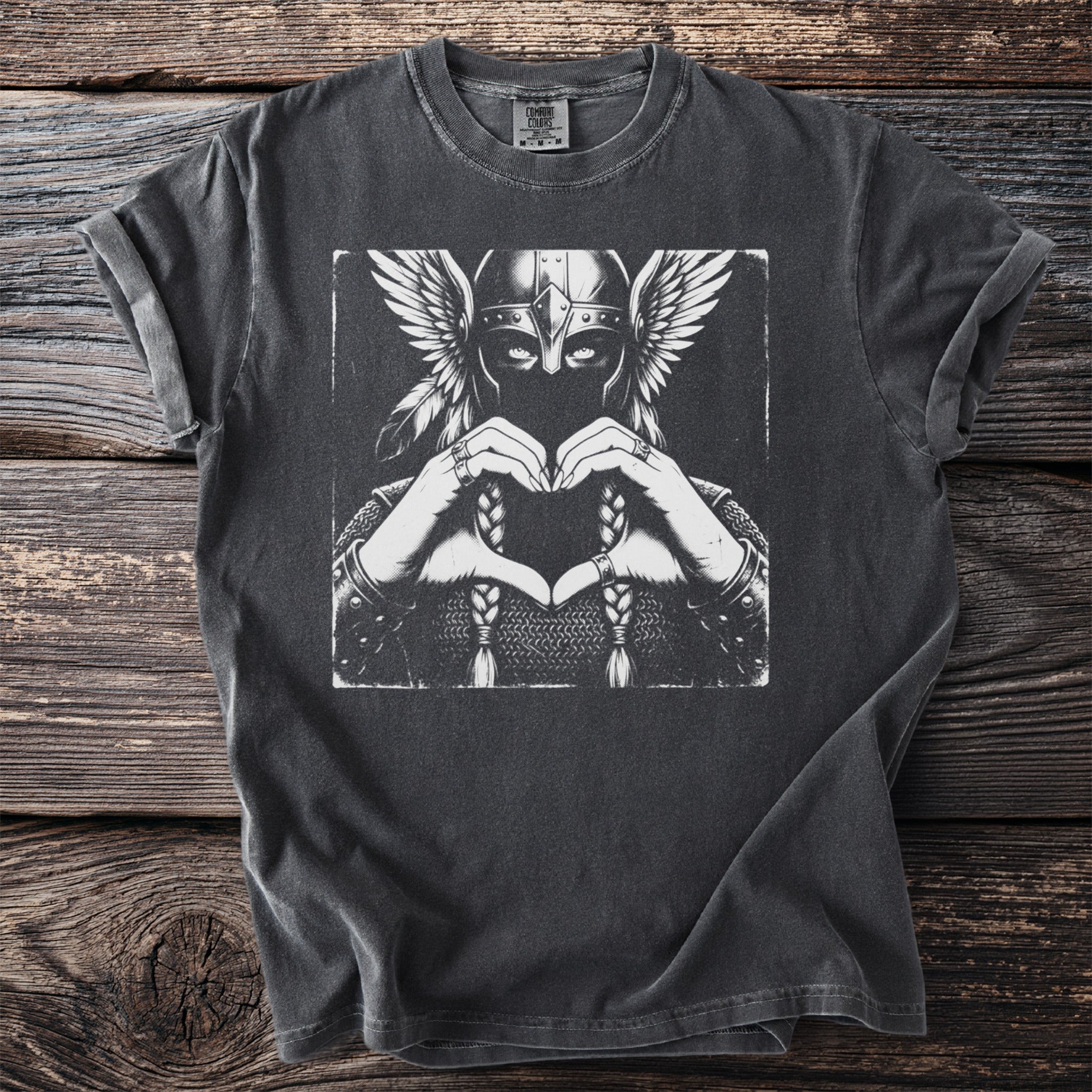 Dark grey t-shirt with white graphic of a winged warrior making a heart shape.