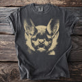 Gray t-shirt with a graphic print of a fierce bat's face.