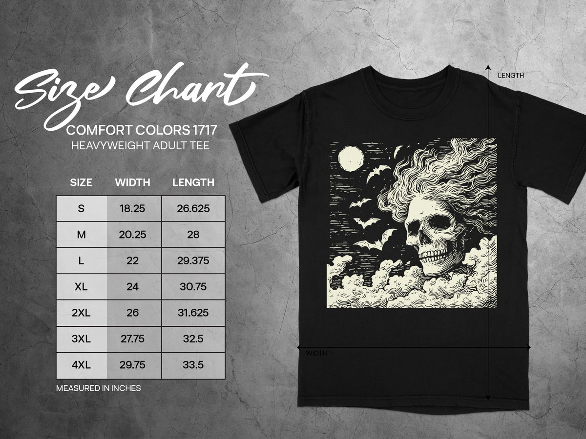 Comfort Colors 1717 heavyweight adult tee size chart with width and length measurements in inches.