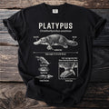 Black t-shirt with a platypus diagram showing its duck bill, flat tail, webbed feet, and venom spur.