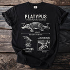 Black t-shirt with a platypus diagram showing its duck bill, flat tail, webbed feet, and venom spur.