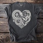 Dark gray t-shirt with white heart design of intertwined snakes and roses.