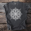 Dark grey t-shirt with a white mandala-style design featuring feathers and geometric patterns.