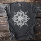 Dark grey t-shirt with a white mandala-style design featuring feathers and geometric patterns.