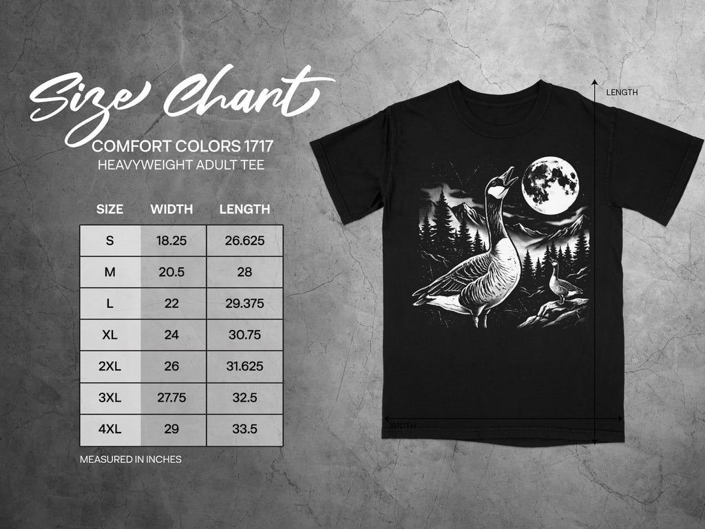 Comfort Colors 1717 heavyweight adult tee size chart with goose graphic.