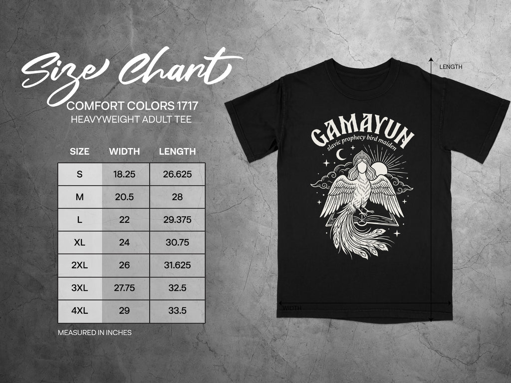 Comfort Colors 1717 garment size chart in inches.