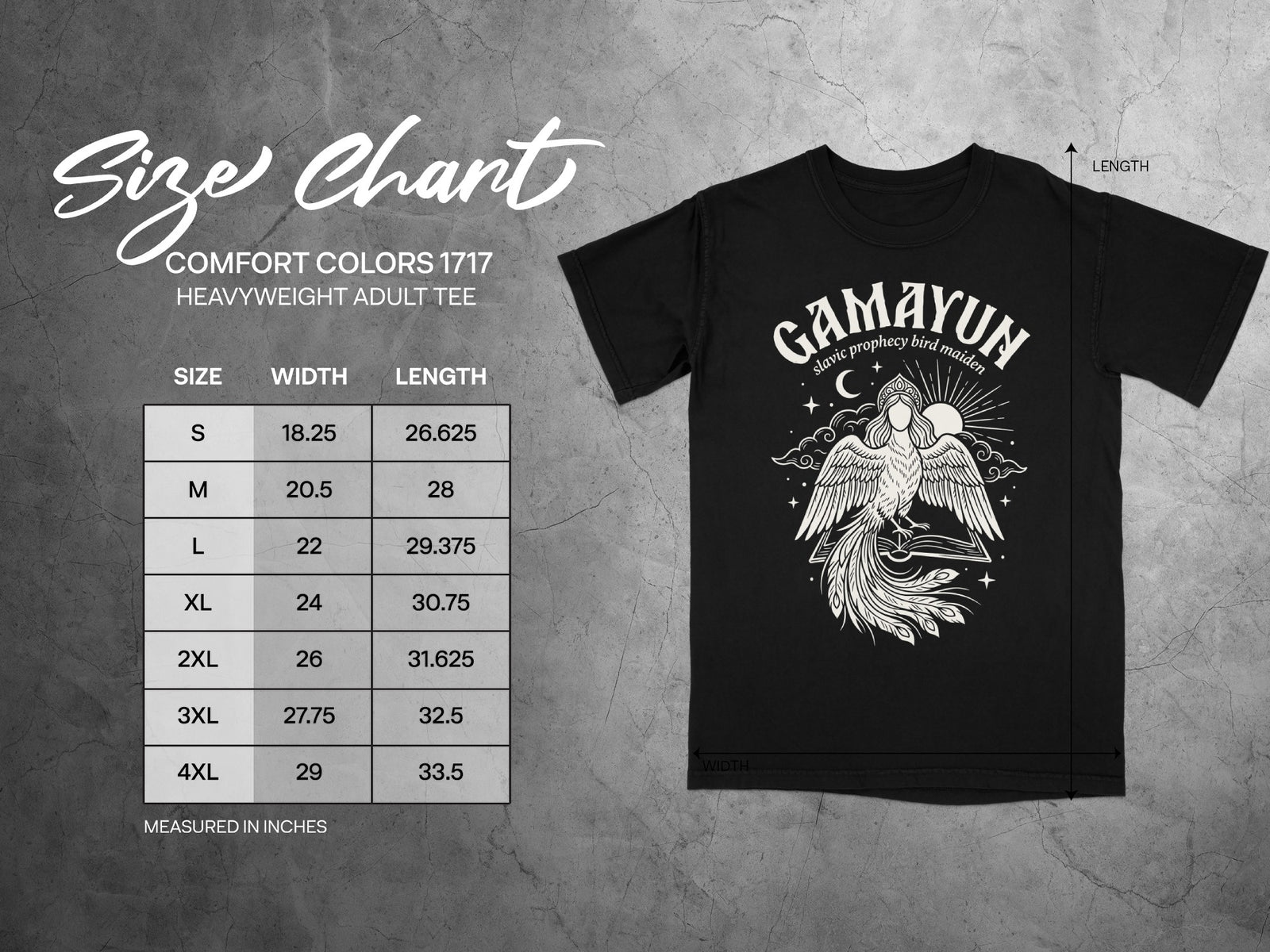 Comfort Colors 1717 garment size chart in inches.
