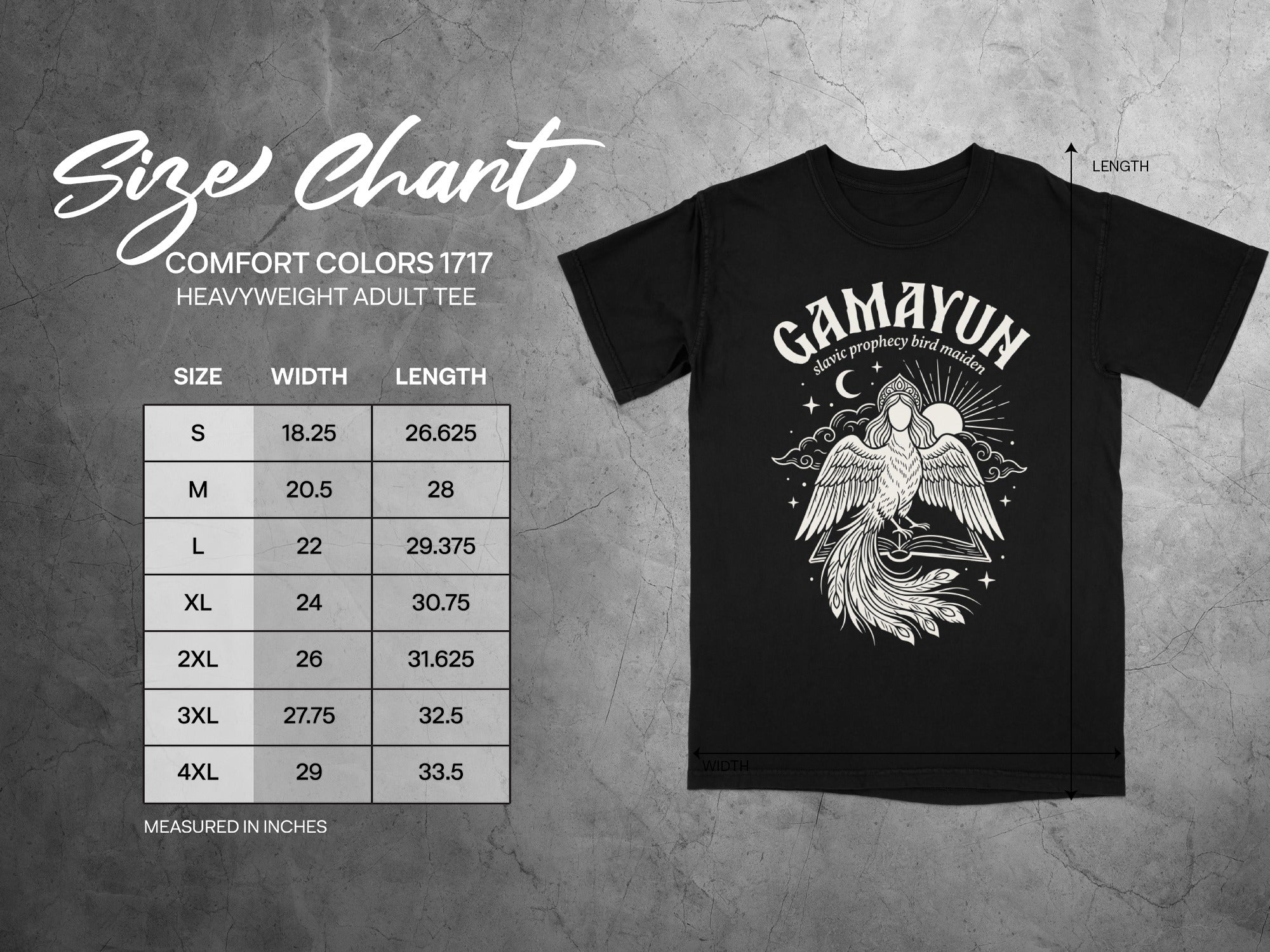 Comfort Colors 1717 garment size chart in inches.
