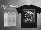 Black t-shirt size chart with werewolf graphic and text "feral but functional".