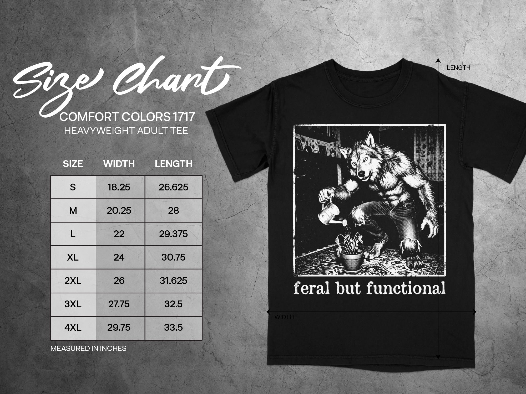 Black t-shirt size chart with werewolf graphic and text "feral but functional".