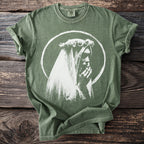 Green t-shirt with a white graphic of a person wearing a veil and flower crown.