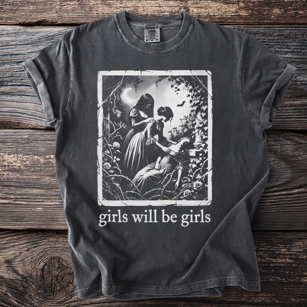 Dark grey t-shirt with gothic illustration and "girls will be girls" text.