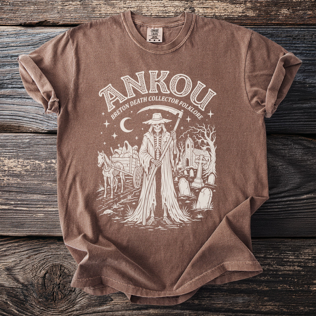 Brown t-shirt with "ANKOU Breton Death Collector Folklore" and grim reaper in a graveyard graphic.