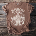 Brown t-shirt with "ANKOU Breton Death Collector Folklore" and grim reaper in a graveyard graphic.