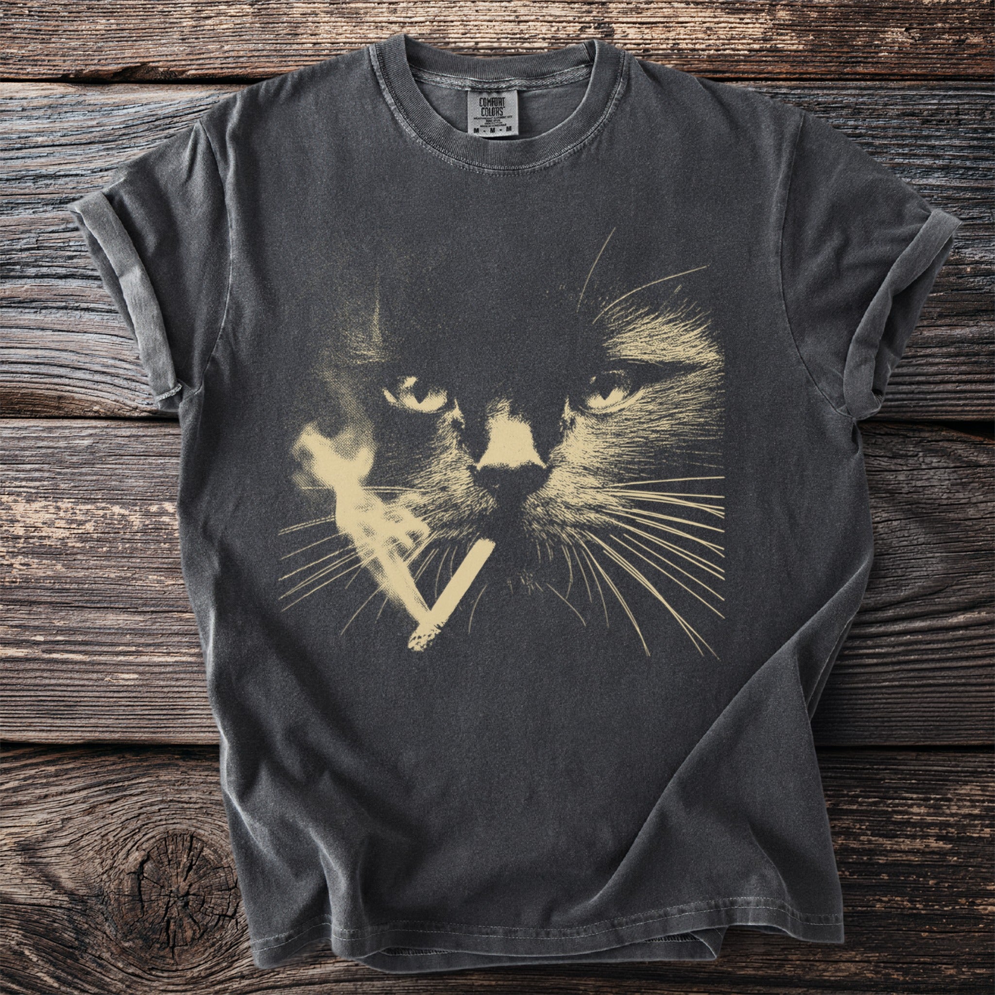 Dark gray t-shirt with a graphic of a black cat smoking a cigarette.