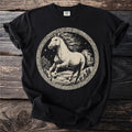 Black t-shirt featuring a circular illustration of a running horse with a Celtic knot border.