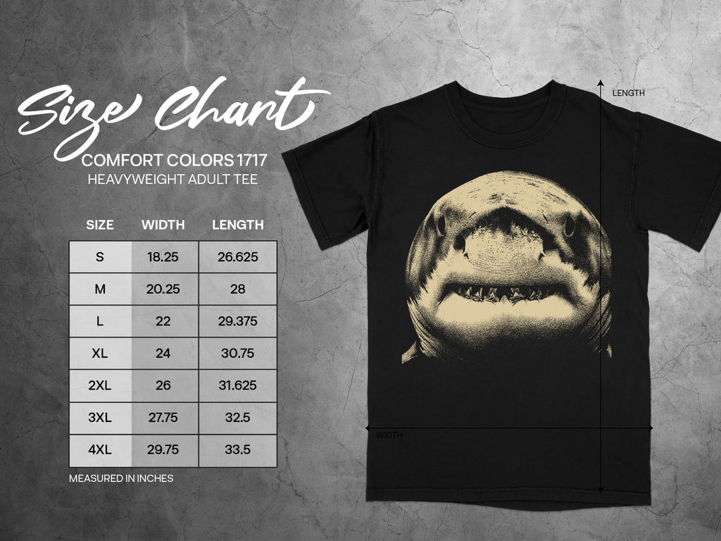Comfort Colors 1717 heavyweight adult tee size chart in inches.