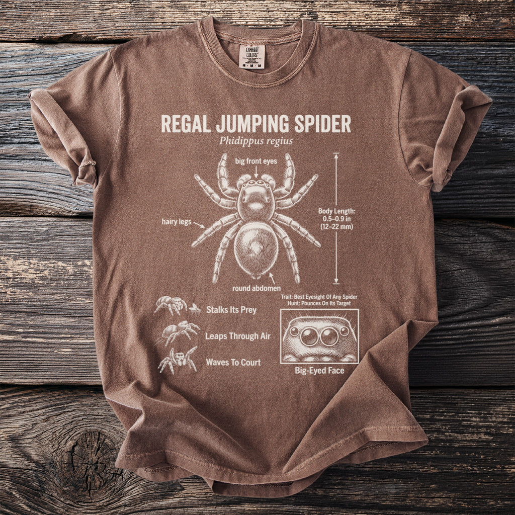 Brown t-shirt with Regal Jumping Spider anatomy diagram.